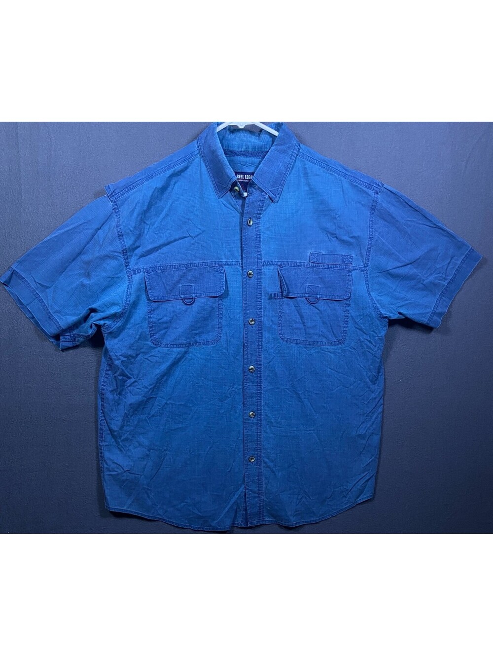 Reel Legends Performance Clothing Men Short Sleeve Button Down Shirt Medium Fish